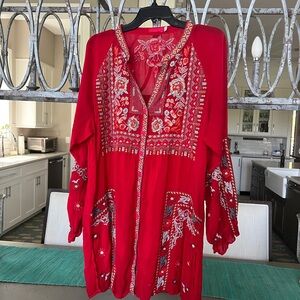 Johnny Was Red Bishop Sleeve Plunge Dress